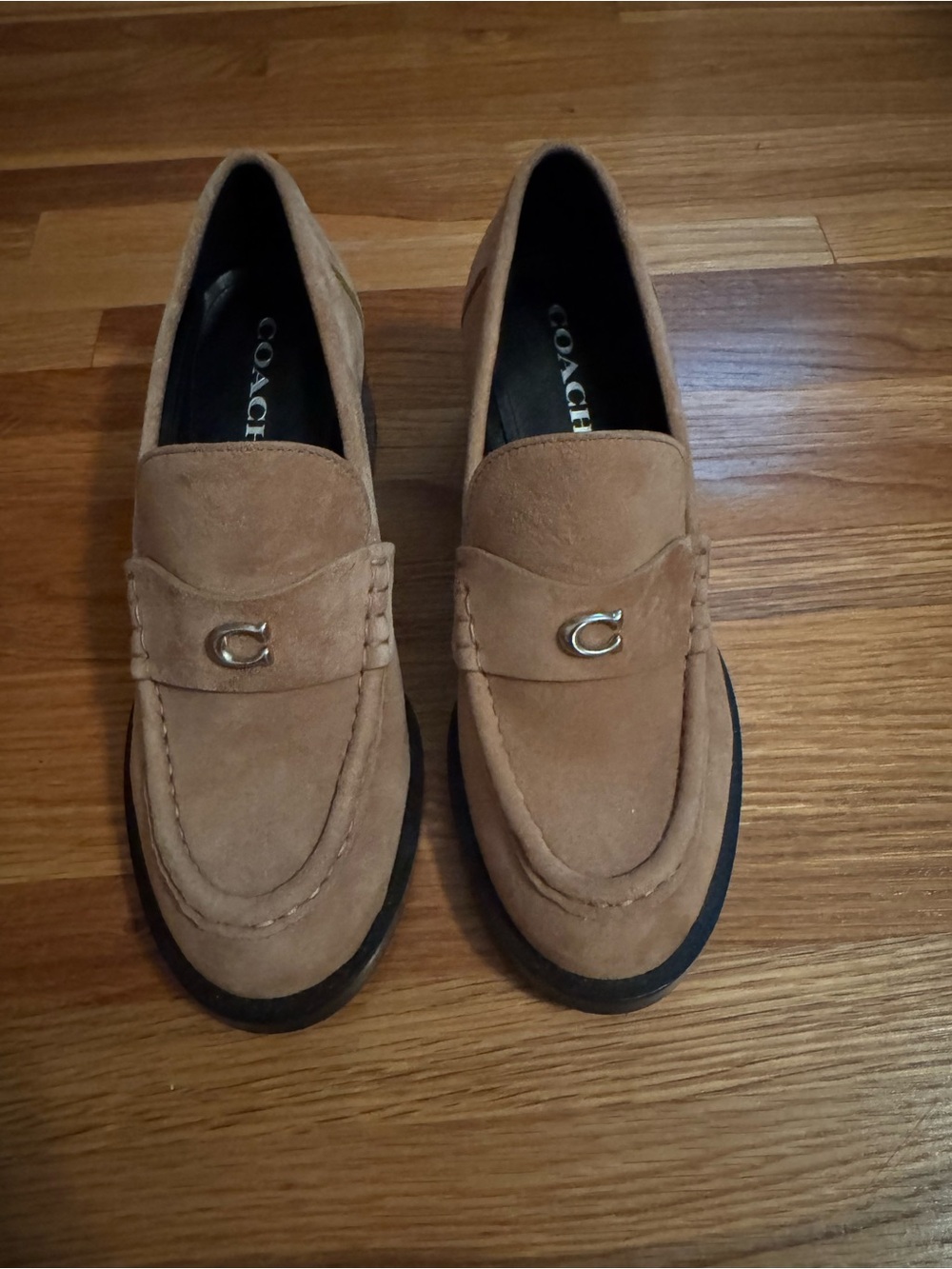Coach Women’s Light Brown Suede Penny Loafers with Metal C Log